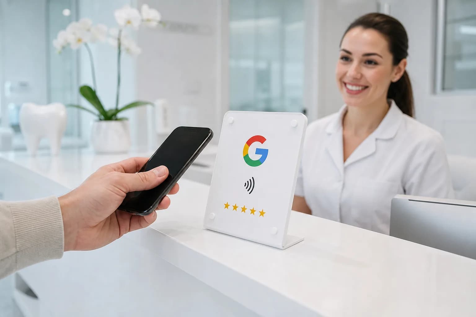 Placa NFC de avaliação Google em clínicas e consultórios