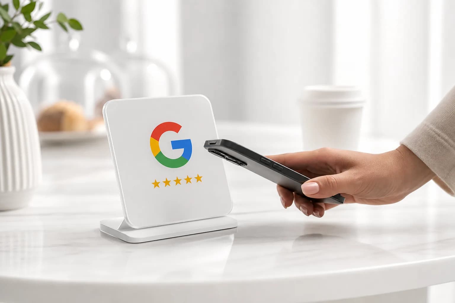 Cliente aproximando o celular de uma placa NFC de avaliação Google no balcão