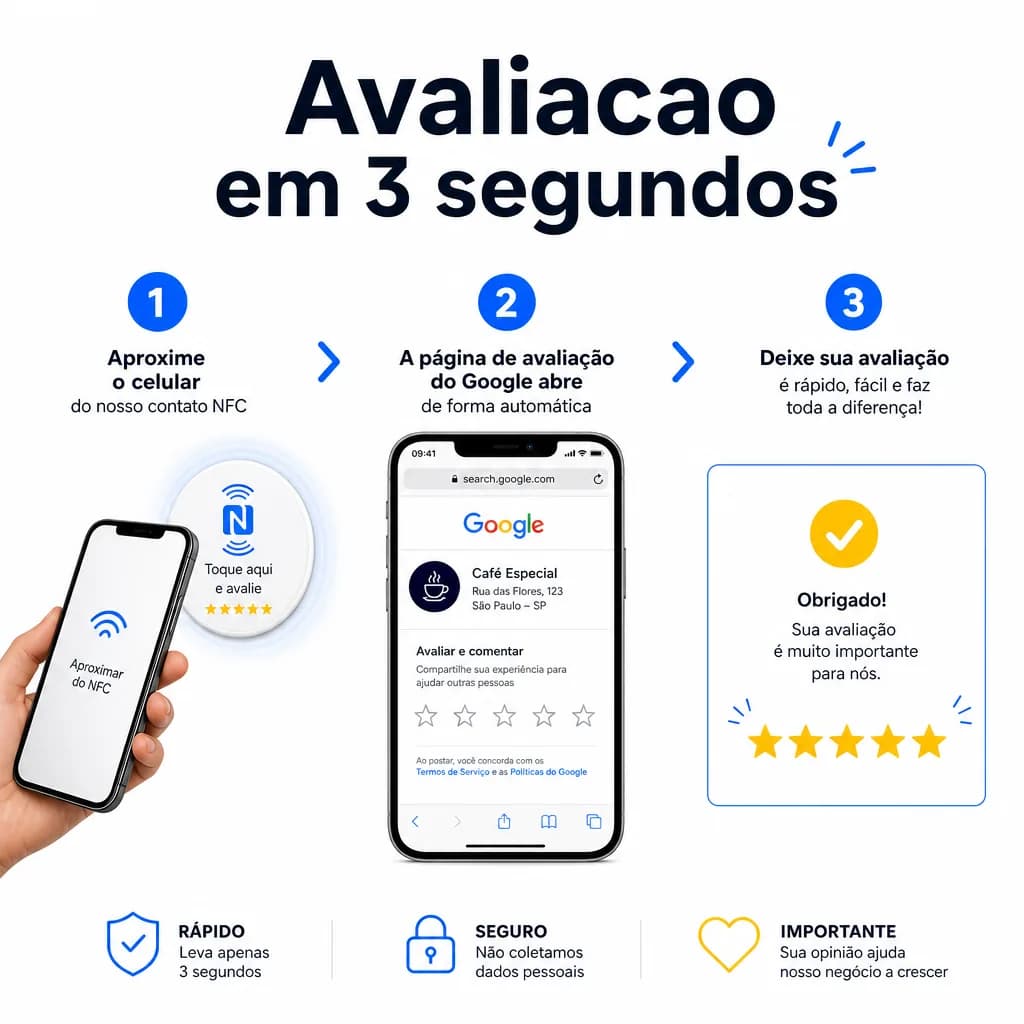 Como funciona: aproxime o celular, a avaliação do Google abre e o cliente dá 5 estrelas