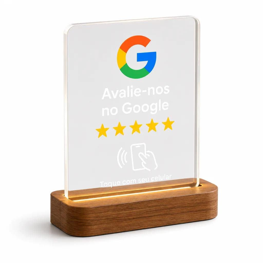 Placa NFC Google Acrílico com LED e Base de Madeira