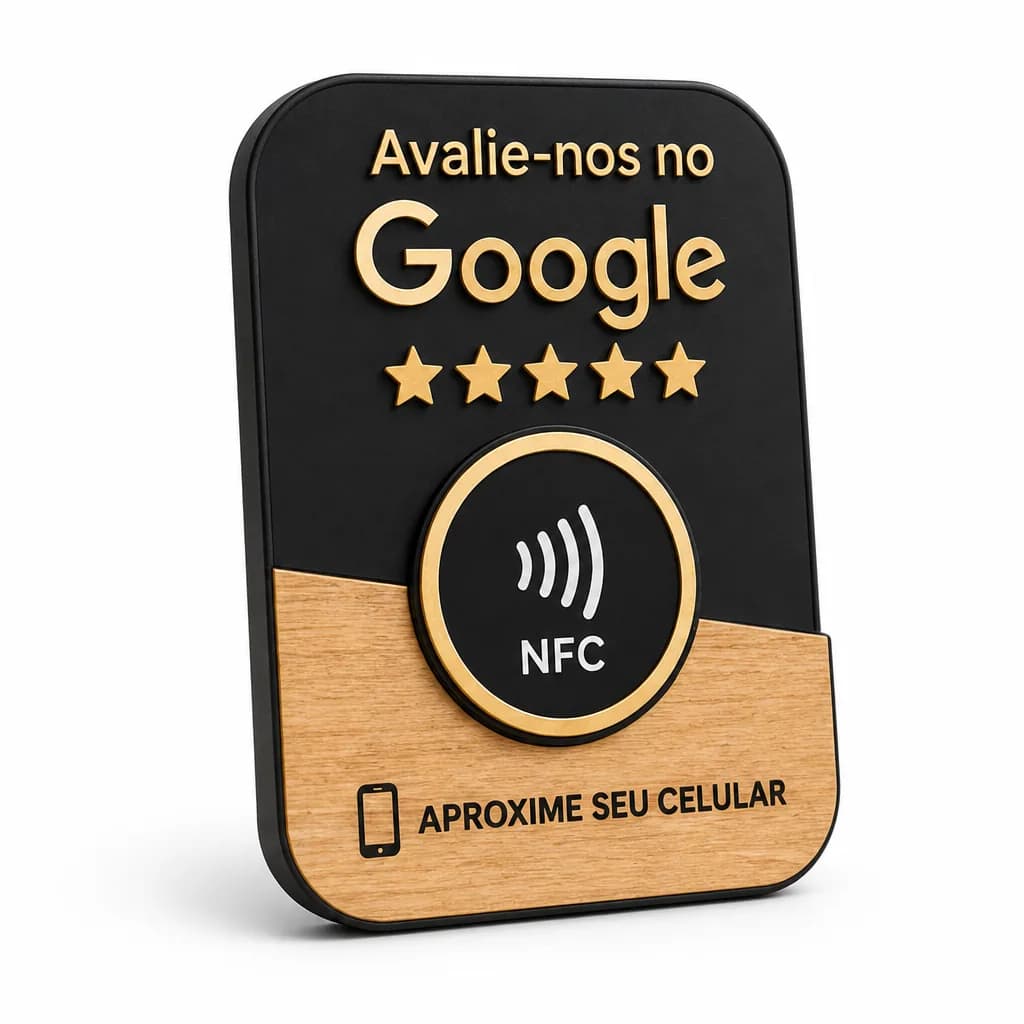 Placa NFC Google Elegante — Madeira e Dourado